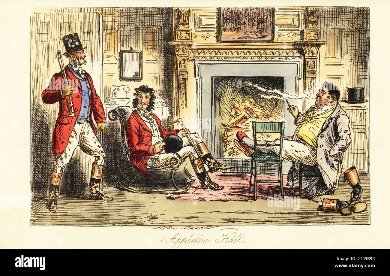 Fox hunters relaxing before a fire in a grand mansion after a hunt, 19th century. Jack Bunting sits in a rocking chair, Jug Boyston on two chairs, while a mud-splattered Jovey Jessop. Appleton Hall. Handcoloured steel engraving after an illustration by John Leech from Robert Smith Surtees Plain or Ringlets?, Bradbury and Evans London, 1860. Leech (1817-1864) was an English caricaturist and illustrator best known for his work for Punch magazine. Stock Photo