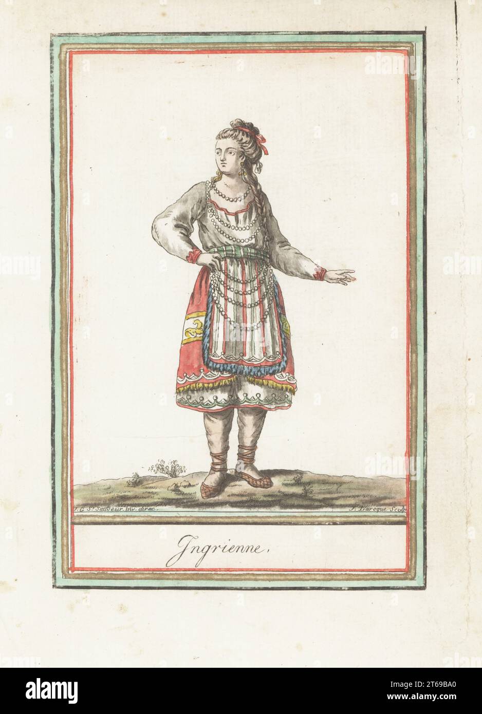 Ingrian woman of Saint Petersburg, Russia. Hair in plaits tied with ribbons, linen dress with embroidered collar and cuffs, bead necklaces, sash belt, embroidered skirt, apron decorated with pearls and glass beads, leather shoes. Ingrienne. Handcoloured copperplate engraving by J. Laroque after a design by Jacques Grasset de Saint-Sauveur from his Encyclopedie des voyages, Encyclopedia of Voyages, Bordeaux, France, 1792. Stock Photo
