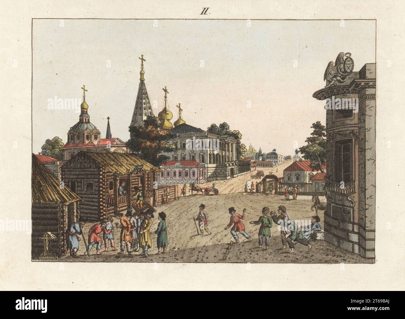 Children playing Babki (knucklebones) and Swaika (dropping a heavy nail into a ring on the ground). Popular street games in Moscow, Russia. Architecture includes log cabins, church spires and domes, neoclassical buildings. Handcoloured copperplate engraving from Carl Bertuch's Bilderbuch fur Kinder (Picture Book for Children), Weimar, 1813. A 12-volume encyclopedia for children illustrated with almost 1,200 engraved plates on natural history, science, costume, mythology, etc., published from 1790-1830. Stock Photo