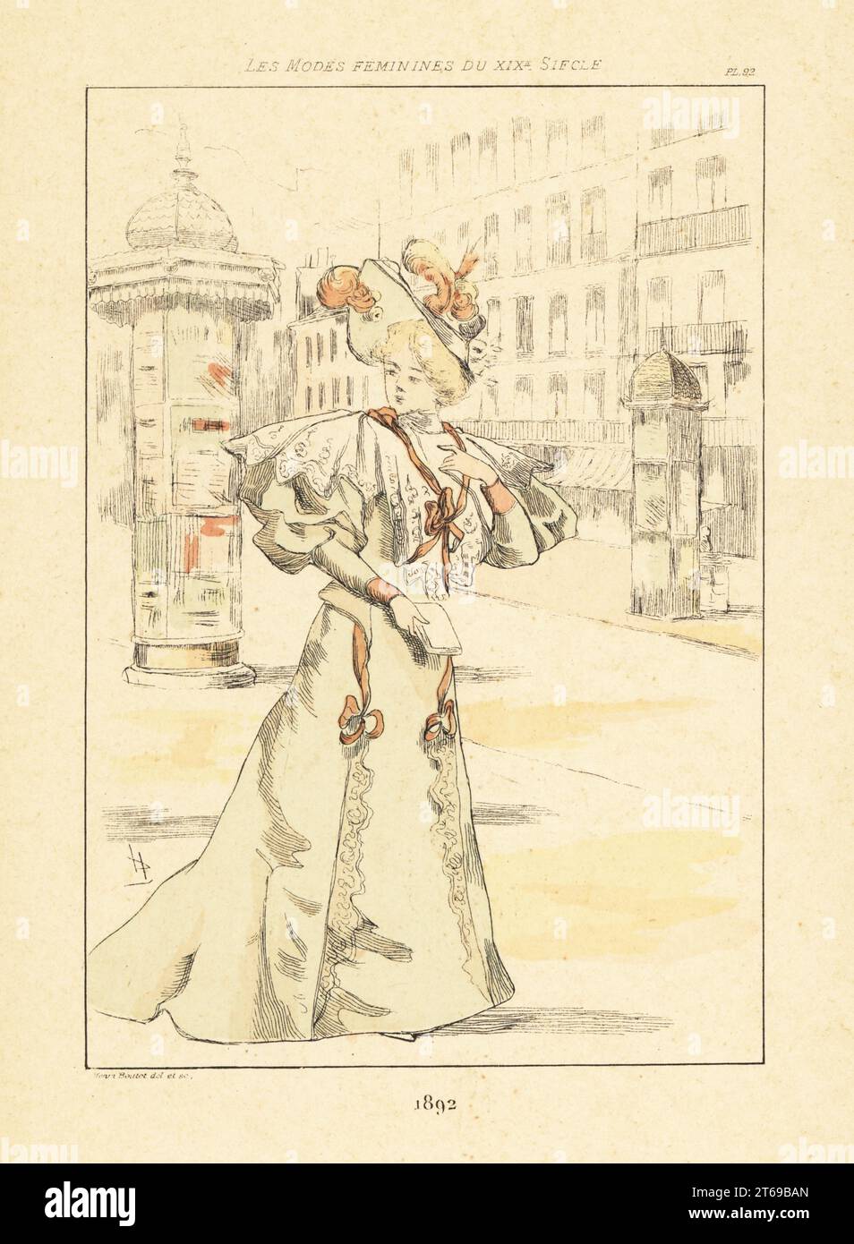 Fashionable woman in front of advertising kiosk, Colonne Morris, Paris, 1892. In bonnet, dress with full sleeves, lace capelet, full skirts, ribbons. Handcoloured drypoint or pointe-seche etching by Henri Boutet from Les Modes Feminines du XIXeme Siecle (Female Fashions of the 19th Century), Ernest Flammarion, Paris, 1902. Boutet (1851-1919) was a French artist, engraver, lithographer and designer. Stock Photo