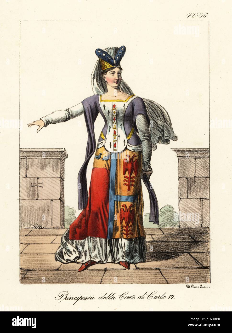 Costume of a French princess at the court of King Charles VI, late 14th century. In tall horned headdress with long veil, long-sleeved gown, bejeweled ermine front, armorial skirt with ermine hem. Charles the Mad's daughters included Isabella, Joan, Marie, Michellle, Catherine. Princesse de la cour de Charles VI. Stock Photo