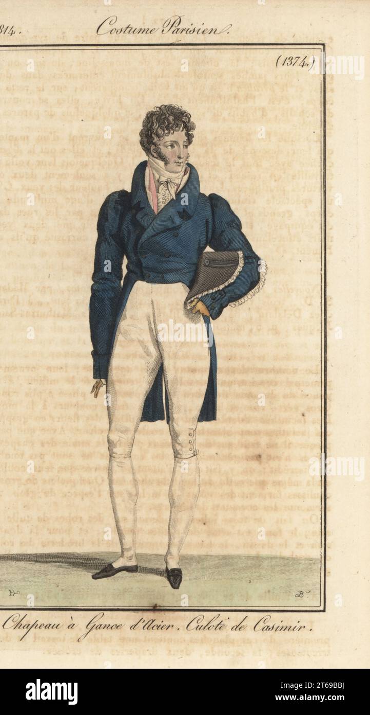 French dandy or Incroyable in large-shouldered tailcoat, cashmere breeches,  holding a bicorne with steel cockade. Chapeau a Gance d'Acier, Culote de  Casimir. Handcoloured copperplate engraving by Pierre-Charles Baquoy after  a fashion plate by ...