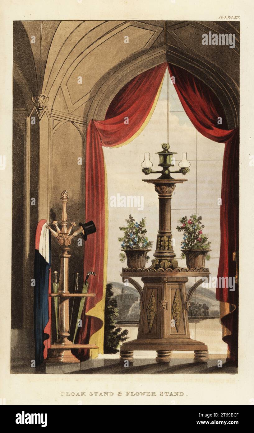 Cloak stand and flower stand in the Gothic style, Regency era. The