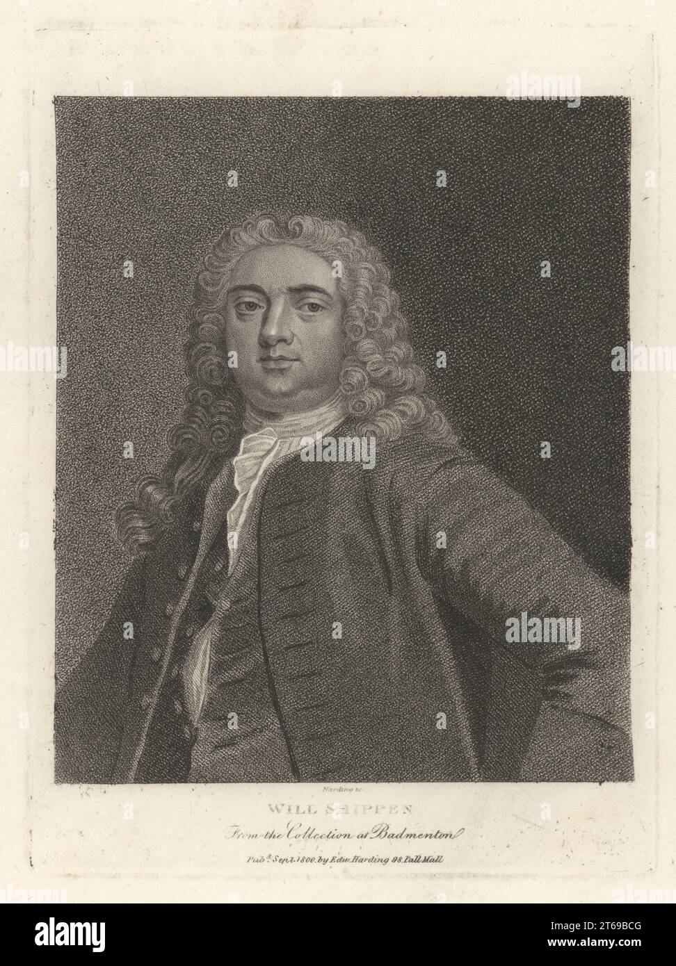 William Shippen, English Jacobite, poet and writer, Tory politician who sat in the House of Commons, 1673-1743. From the collection at Badmenton. Copperplate engraving by Edward Harding from John Adolphus The British Cabinet, containing Portraits of Illustrious Personages, printed by T. Bensley for E. Harding, 98 Pall Mall, London, 1800. Stock Photo