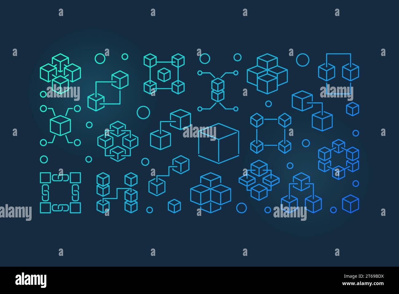 Blockchain technology blue line banner. Vector illustration in outline ...