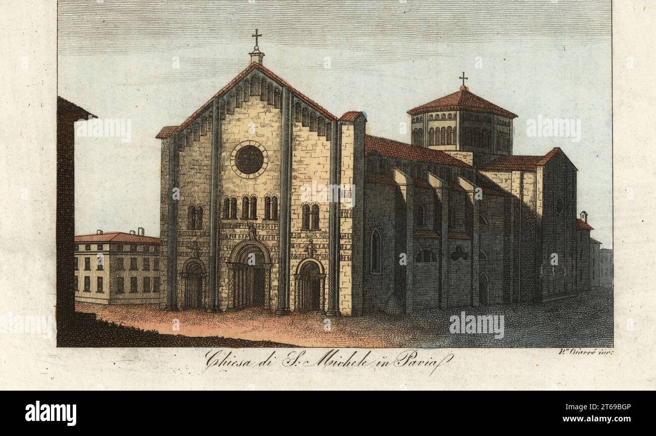 View of the Basilica of San Michele Maggiore, Pavia, 1800s. Chiesa di S. Michele in Pavia. Handcoloured copperplate engraving by Pietro Giarre from Giulio Ferrarios Costumes Ancient and Modern of the Peoples of the World, Il Costume Antico e Moderno, Florence, 1844. Stock Photo