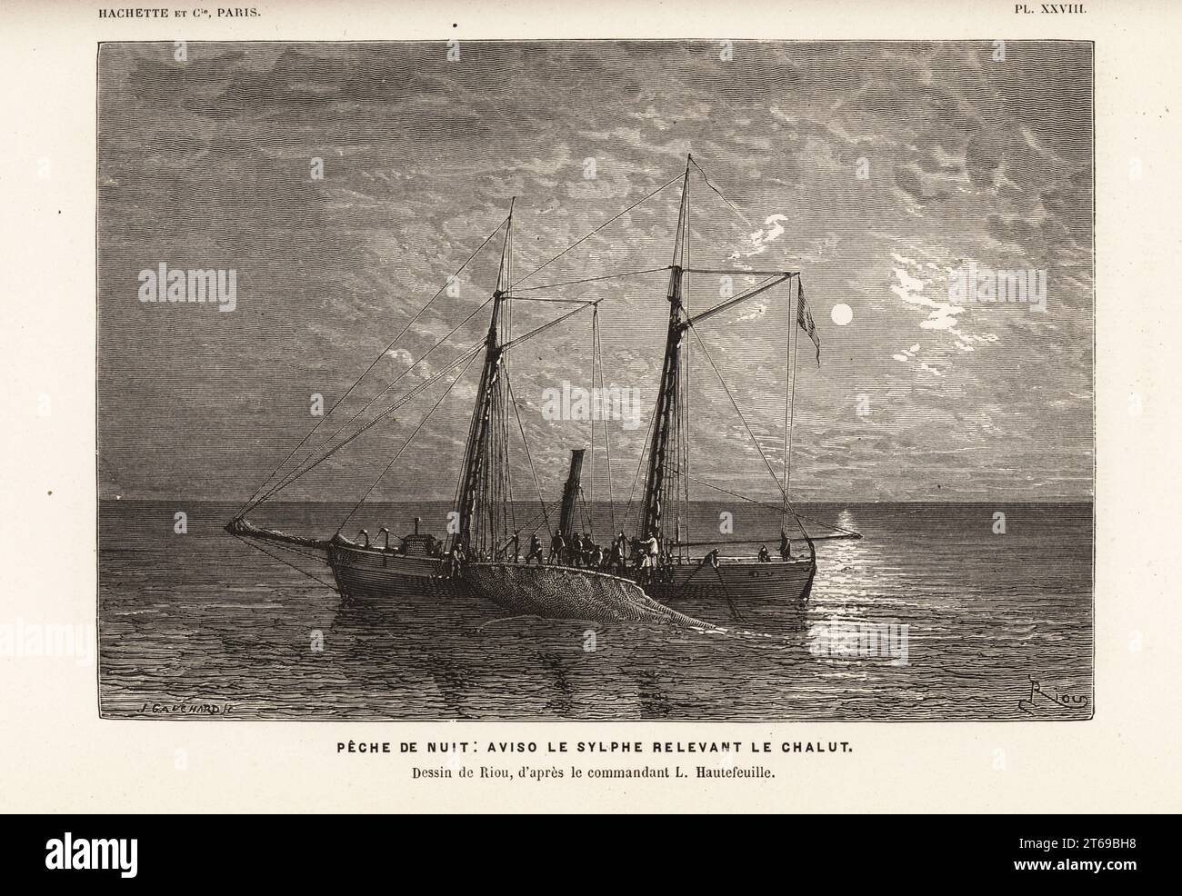 Night fishing. A steam-powered fishing boat Le Sylphe raising the trawl net by moonlight. Peche de nuit: Aviso le Sylphe relevant le chalut. Drawn by Edouard Riou after a photograph by L. Hautefeuille. Woodcut by J. Gavehard from Alfred Fredols Le Monde de la Mer, the World of the Sea, edited by Olivier Fredol, Librairie Hachette et. Cie., Paris, 1881. Alfred Fredol was the pseudonym of French zoologist and botanist Alfred Moquin-Tandon, 1804-1863. Stock Photo
