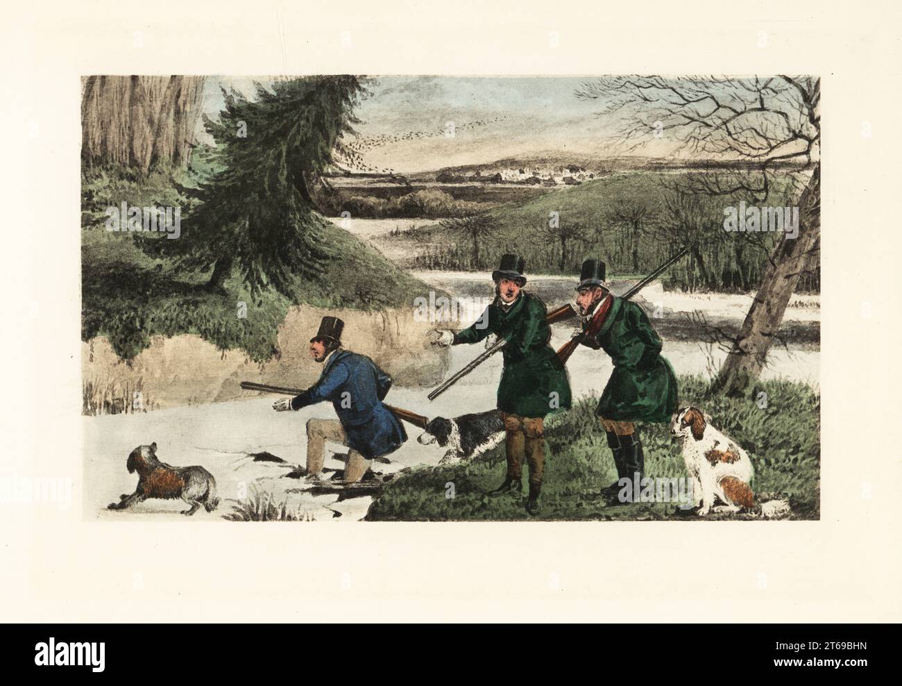 Victorian gentlemen hunting ducks with guns and dogs on a frozen river. Mytton shooting in winter. Chromolithographic facsimile of an illustration by Henry Thomas Alken from Memoirs of the Life of the Late John Mytton by Nimrod aka Charles James Apperley, Kegan Paul, London, 1900. Stock Photo