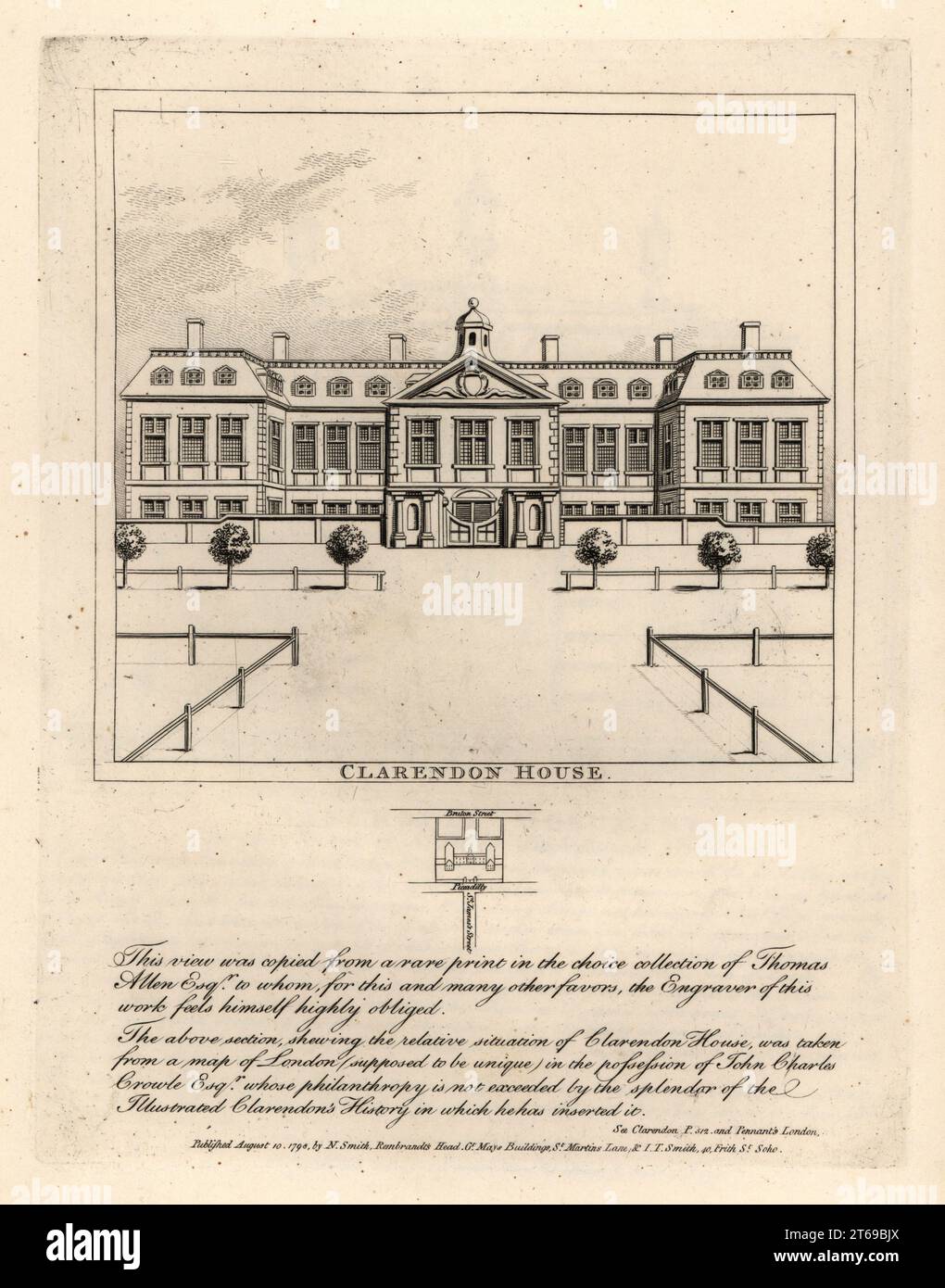 View of Clarendon House from St. James Street,, from a rare print in the collection of Thmoas Allen. Classical mansion built by Roger Platt for Edward Hyde, 1st Earl of Clarendon, in 1664. Demolished in 1683. Copperplate engraving by John Thomas Smith after original drawings by members of the Society of Antiquaries from his J.T. Smiths Antiquities of London and its Environs, J. Sewell, R. Folder, J. Simco, London, 1798. Stock Photo