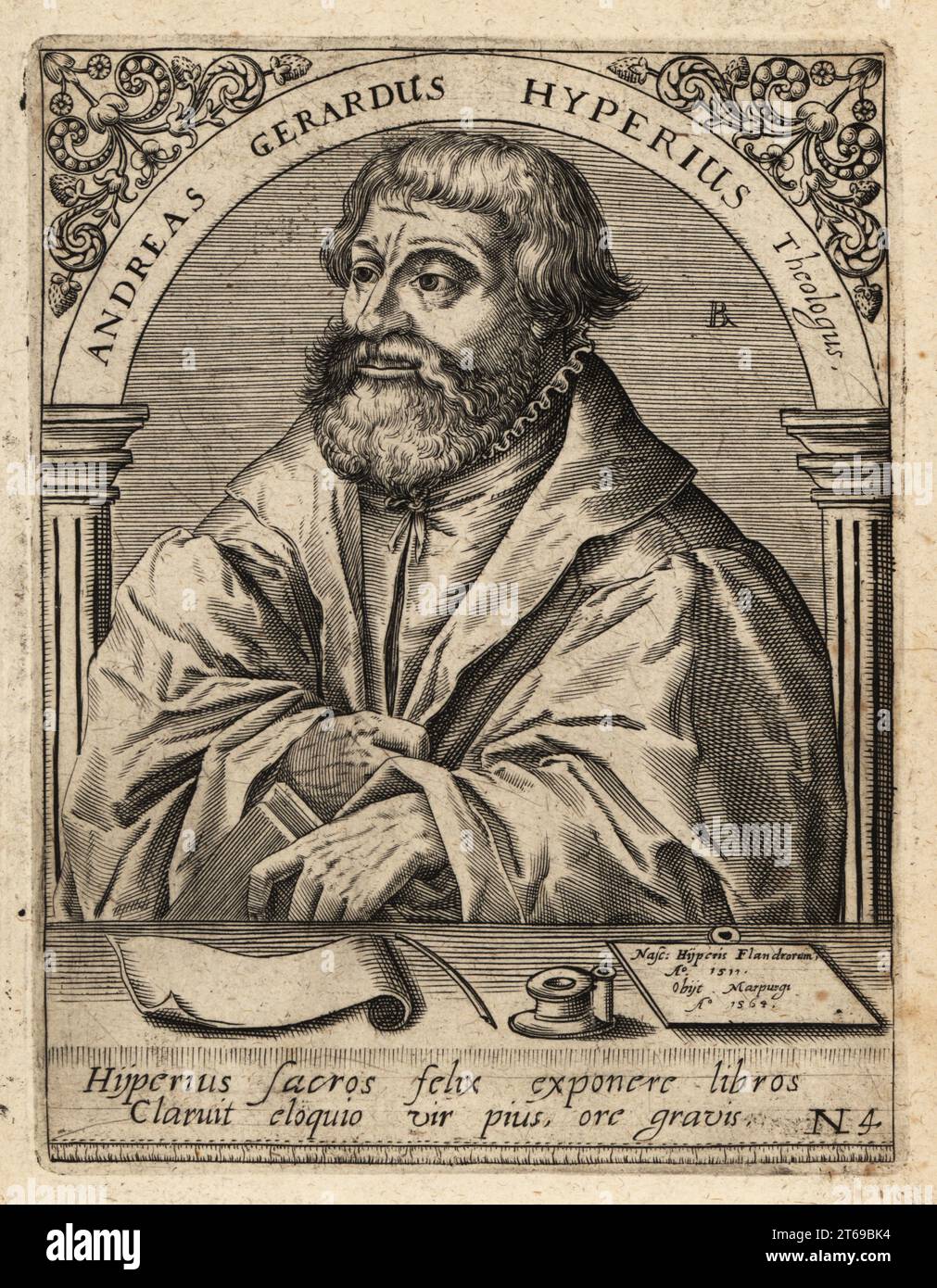 Andreas Gerhard Hyperius, 15111564, Protestant theologian and reformer. Andreas Gerardus Hyperius Theologus. Copperplate engraving by Johann Theodore de Bry from Jean-Jacques Boissards Bibliotheca Chalcographica, Johann Ammonius, Frankfurt, 1650. Stock Photo