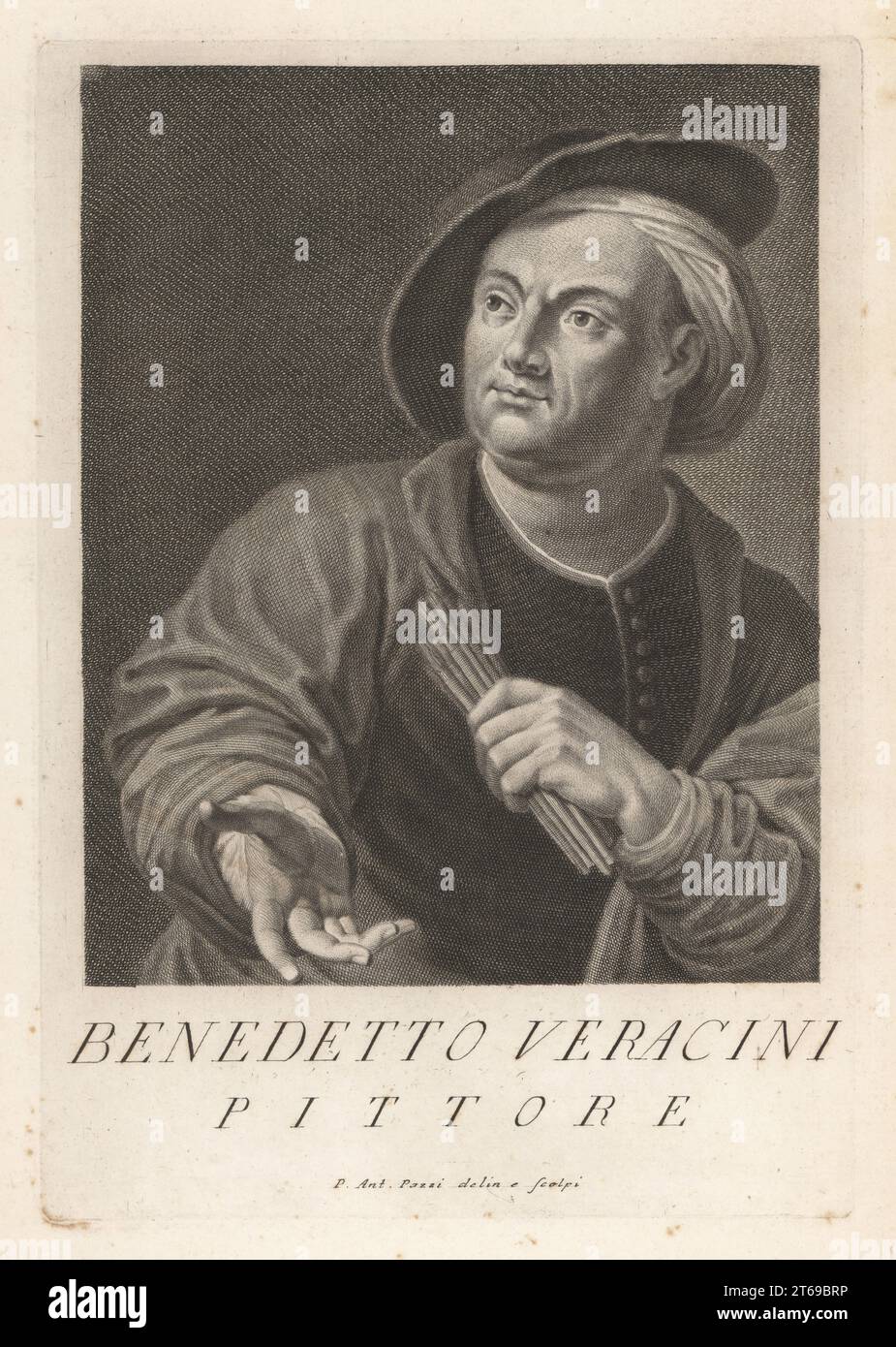 Benedetto Veracini, Italian painter and draughtsman, 1607-1690. Pittore. Copperplate engraving drawn and engraved by Pietro Antonio Pazzi after a self portrait by the artist from Francesco Moucke's Museo Florentino (Museum Florentinum), Serie di Ritratti de Pittori (Series of Portraits of Painters) stamperia Mouckiana, Florence, 1752-62. Stock Photo