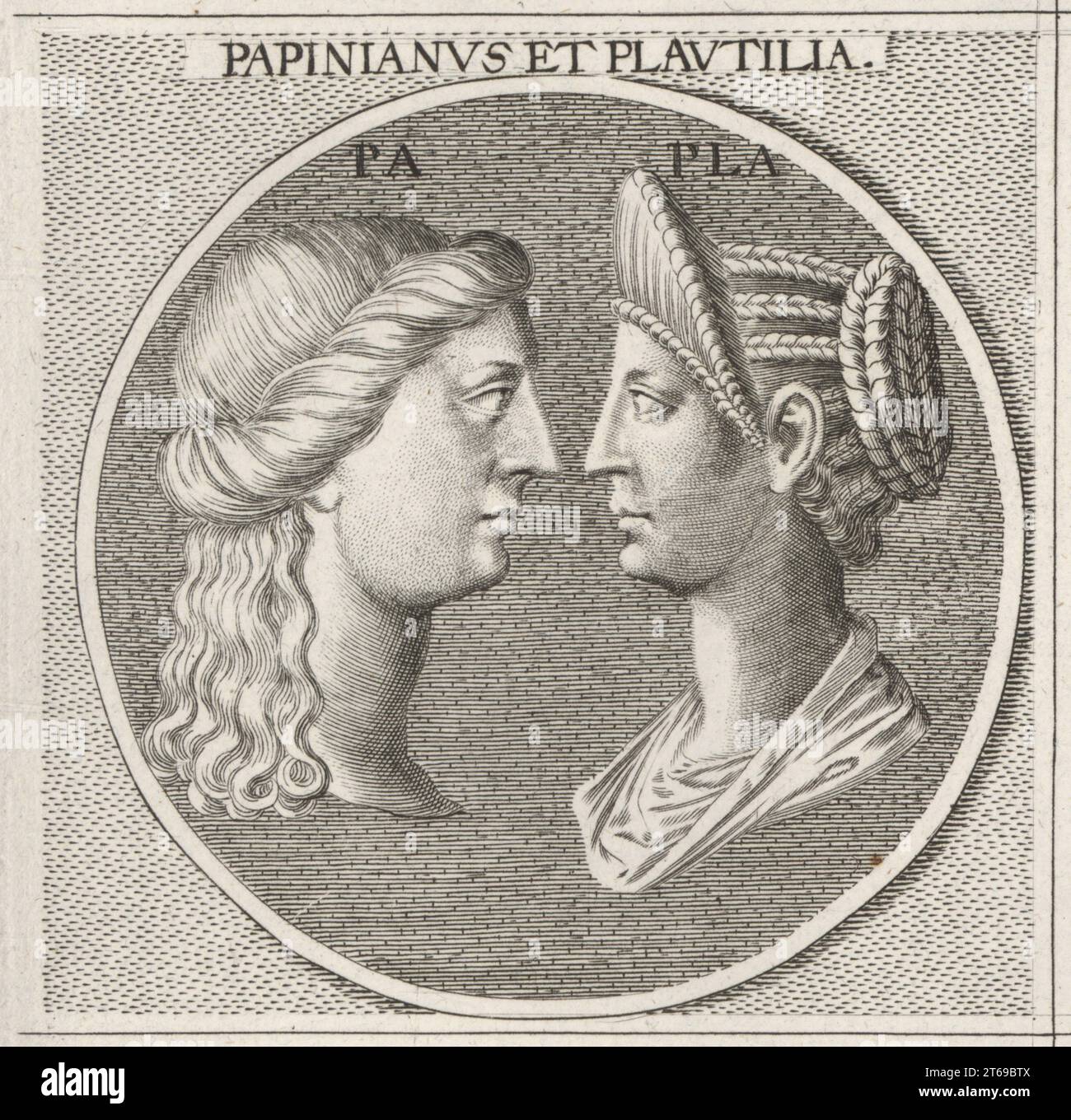 Roman jurist Papinian and Empress Publia Fulvia Plautilla (died 211), wife of Roman emperor Caracalla, exiled after the execution of her father Gaius Fulvius Plautianus. Papinianus et Plautilia. Copperplate engraving after an illustration by Joachim von Sandrart from his LAcademia Todesca, della Architectura, Scultura & Pittura, oder Teutsche Academie, der Edlen Bau- Bild- und Mahlerey-Kunste, German Academy of Architecture, Sculpture and Painting, Jacob von Sandrart, Nuremberg, 1675. Stock Photo