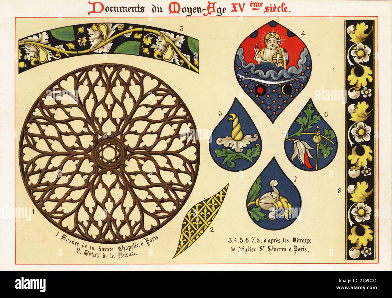 Rosette window from SainteChapelle, and details from stained glass