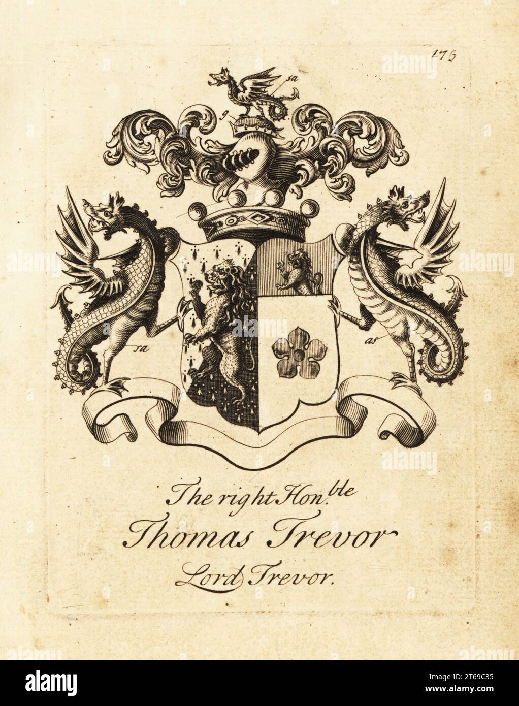 Coat of arms of the Right Honourable Thomas Trevor, Lord Trevor, 1st Baron Trevor, 1658-1730. Copperplate engraving by Andrew Johnston after C. Gardiner from Notitia Anglicana, Shewing the Achievements of all the English Nobility, Andrew Johnson, the Strand, London, 1724. Stock Photo