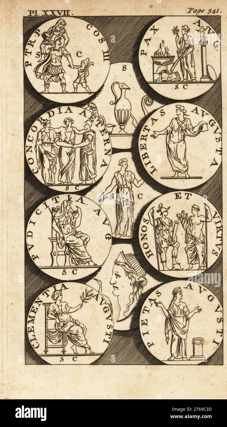 The Roman Virtues. Coins with figures of Concordia, Pudicitia, Clementia, Pietas, Libertas, Pax, Honos and Virtus. Copperplate engraving from Andrew Tookes The Pantheon, Representing the Fabulous Histories of the Heathen Gods, London, 1757. Stock Photo