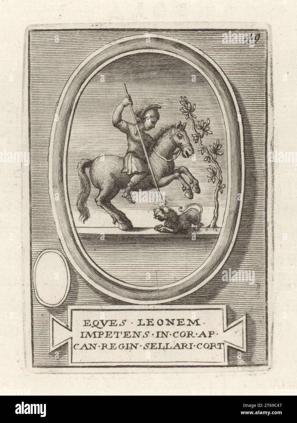 A mounted Amazon impaling a lion (or chimera) with a spear. Woman warrior in helmet, breastplate, skirt and boots armed with a lance. From an engraved cornelian gem. Eques Leonem Impetens in Cor ap Can Regin Sellari Cort. Copperplate engraving from Francesco Valesio, Antonio Gori and Ridolfino Venutis Academia Etrusca, Museum Cortonense in quo Vetera Monumenta, (Etruscan Academy or Museum of Cortona), Faustus Amideus, Rome, 1750. Stock Photo