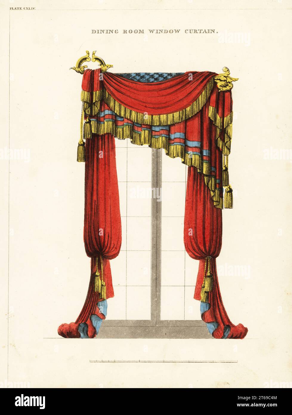 Dining room window curtains, Regency style. Fringed and tasseled drapes hung over ornate gilt curtain rods, with blue-lined curtains below. Handcoloured copperplate engraving from George Smiths The Cabinet-Maker and Upholsterers Guide, Jones and Co., London, 1828. George Smith was upholsterer and furniture draughtsman to his Majesty (the Prince of Wales, later King George IV), circa 1786-1826. Stock Photo