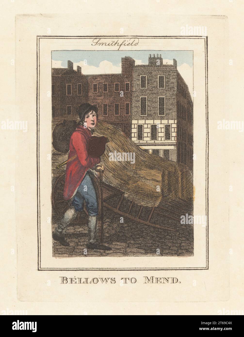 Bellows-repairer in front of a hay wagon in Smithfields Market, London. Bellows-mender in cap, coat and breeches, with bellows and tools in a bag over his shoulder. Smithfields was a cattle, sheep and hay market. Bellows to mend. Handcoloured copperplate engraving by Edward Edwards after an illustration by William Marshall Craig from Description of the Plates Representing the Itinerant Traders of London, Richard Phillips, No. 71 St Pauls Churchyard, London, 1805. Stock Photo