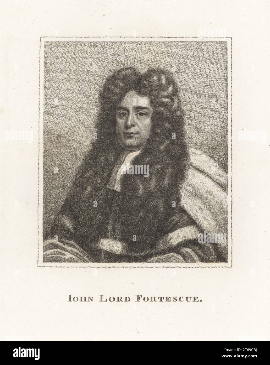 John Fortescue Aland, 1st Baron Fortescue of Credan, 1670-1746, English lawyer, judge and politician. In powdered wig and robes. John Lord Fortescue. From a drawing by R. Gardiner after Sir Godfrey Kneller. Copperplate engraving from Samuel Woodburns Gallery of Rare Portraits Consisting of Original Plates, George Jones, 102 St Martins Lane, London, 1816. Stock Photo