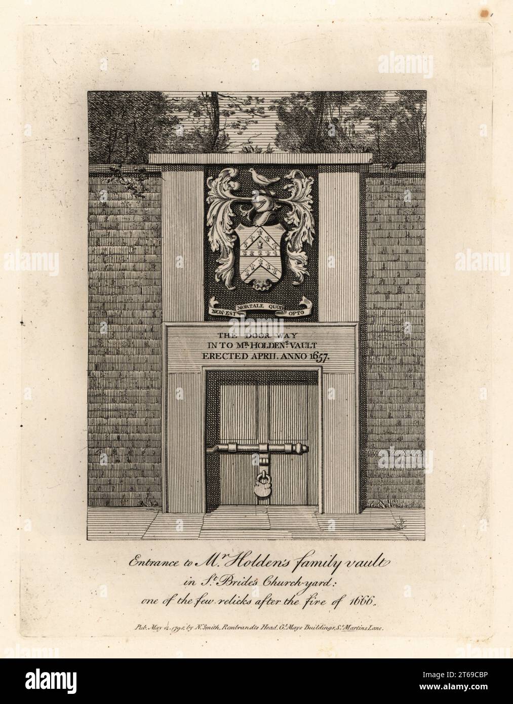 Entrance to Mr. Holdens Family Vault in St. Brides churchyard, one of the few relics after the Fire of London 1666. Built in 1657 with coat of arms above the door. Copperplate engraving by John Thomas Smith after original drawings by members of the Society of Antiquaries from his J.T. Smiths Antiquities of London and its Environs, J. Sewell, R. Folder, J. Simco, London, 1795. Stock Photo
