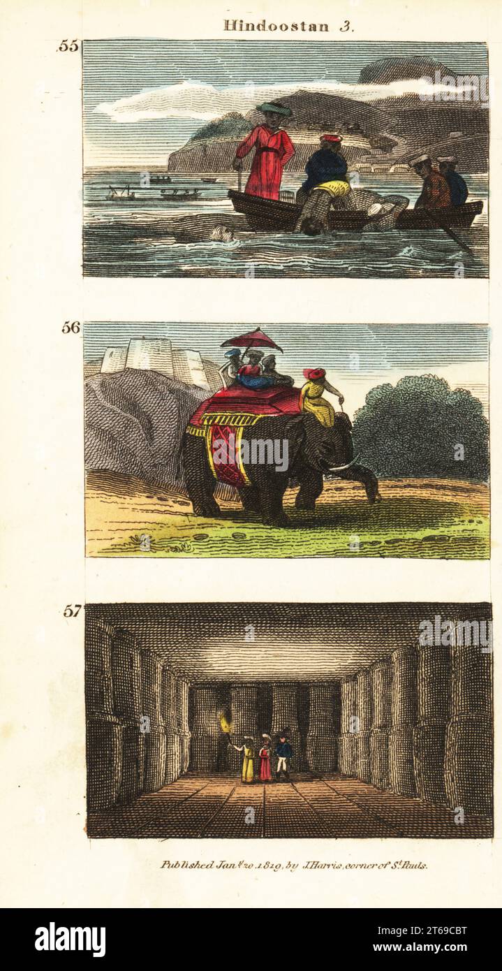 Historical views of Hindoostan (India). Pearl fishers on the coast of Ceylon (Sri Lanka) 55, travelling in a howdah on an elephant with a mahout 56, and Elephanta Caves near Bombay (Mumbai) 57. Handcoloured copperplate engraving from Rev. Isaac Taylors Scenes in Asia, for the Amusement and Instruction of Little Tarry-at-Home Travelers, John Harris, London, 1819. Stock Photo