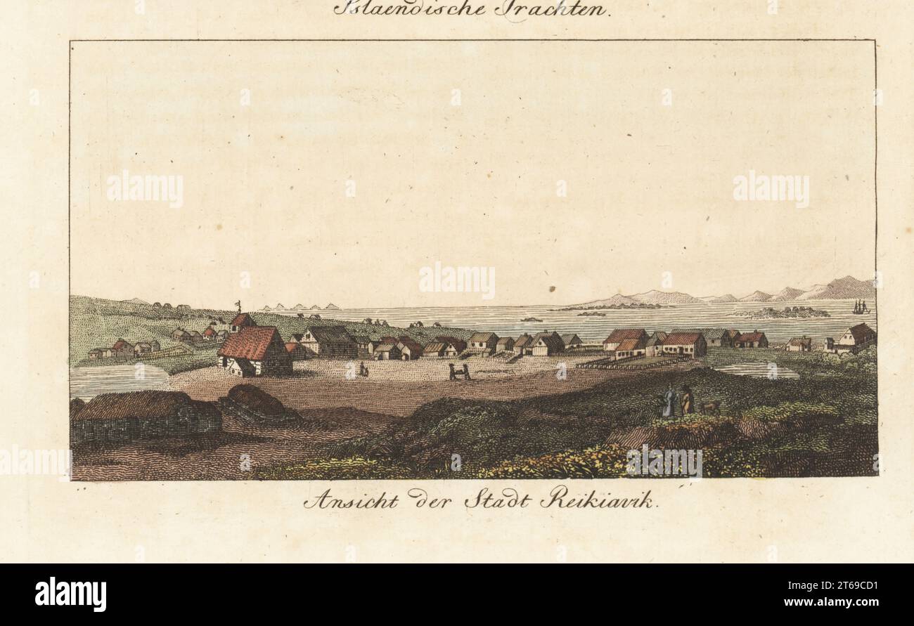 View of the town of Reykjavik, Iceland, 1811. Small village of 500 inhabitants with church, prison, storehouses, cottages and tavern. Copied from an illustration by Scottish geologist Sir George Steuart Mackenzie in his Travels in the Island of Iceland, 1811. Handcoloured copperplate engraving from Carl Bertuch's Bilderbuch fur Kinder (Picture Book for Children), Weimar, 1815. A 12-volume encyclopedia for children illustrated with almost 1,200 engraved plates on natural history, science, costume, mythology, etc., published from 1790-1830. Stock Photo