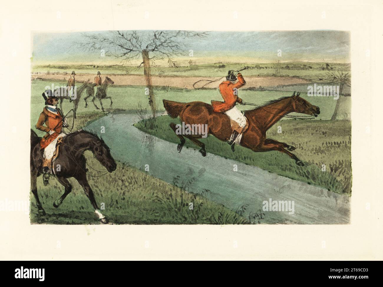 English gentleman jumping across a brook on horseback during a hunt. John Mytton on Baronet clears nine yards of water. Chromolithographic facsimile of an illustration by Henry Thomas Alken from Memoirs of the Life of the Late John Mytton by Nimrod aka Charles James Apperley, Kegan Paul, London, 1900. Stock Photo