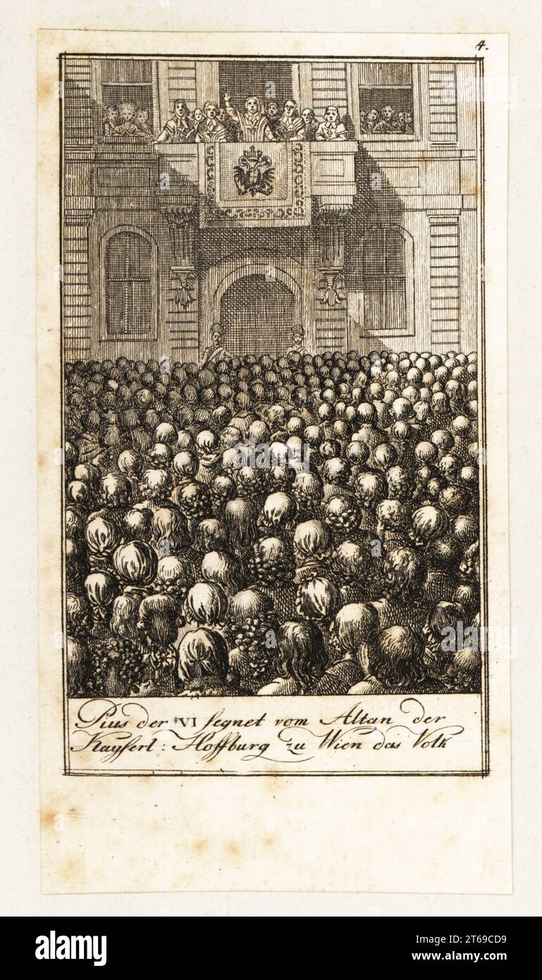 Pope Pius VI blesses the crowd from the window of the Hofburg, Vienna, 1782. Copperplate engraving drawn and etched by Daniel Nikolaus Chodowiecki from 12 Blätter Darstellungen aus der neuen Geschichte, 12 Pictures Illustrating Modern History, Germany, 1789. Stock Photo