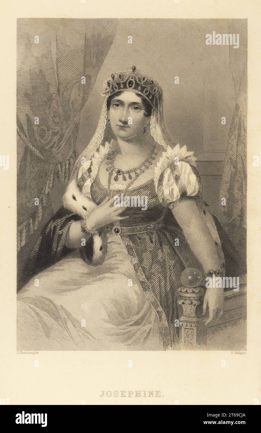 Josephine Bonaparte, empress consort of French Emperor Napoleon I, 1763-1814. Born Marie Josèphe Rose Tascher de la Pagerie, formerly de Beauharnais. Wearing a crown, veil, ermine cloak, seated on a throne. Steel engraving by F. Halpin after a portrait by Jules Champagne from Frank B. Goodrichs The Court of Napoleon or Society under the First Empire, J. B. Lippincott, Philadelphia, 1875. Stock Photo