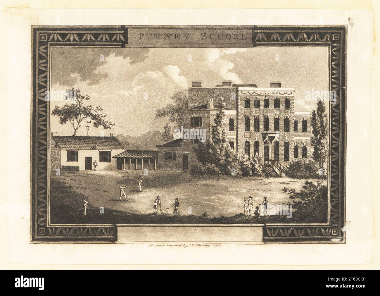 View of Putney School or Putney House, Richmond Road, London, 1806. For many years it was used as a school and Hospital for Incurables, and residents can be seen playing cricket in the gardens. Originally a country residence of the Duke of Hamilton. Copperplate engraving drawn and engraved by J.W. Harding, London, 1806. Stock Photo