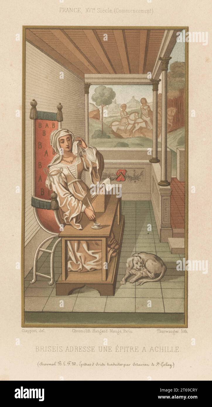 Briseis wipes her tears with a handkerchief while writing a love letter to Achilles. She sits in a chair decorated with the letters B and A, wears a veil and long gown, writing with quill pen at a lectern. Briseis adresse une epitre a Achille. France, beginning of 16th century. From Letter III, Briseis to Achilles. Epitres d'Ovide traduites ar Octavien de Saint-Gelais, Arsenal BLF 20, XVIe siecle. Chromolithograph by Thurwanger after an illustration by Claudius Joseph Ciappori from Charles Louandres Les Arts Somptuaires, The Sumptuary Arts, Hangard-Mauge, Paris, 1858. Stock Photo