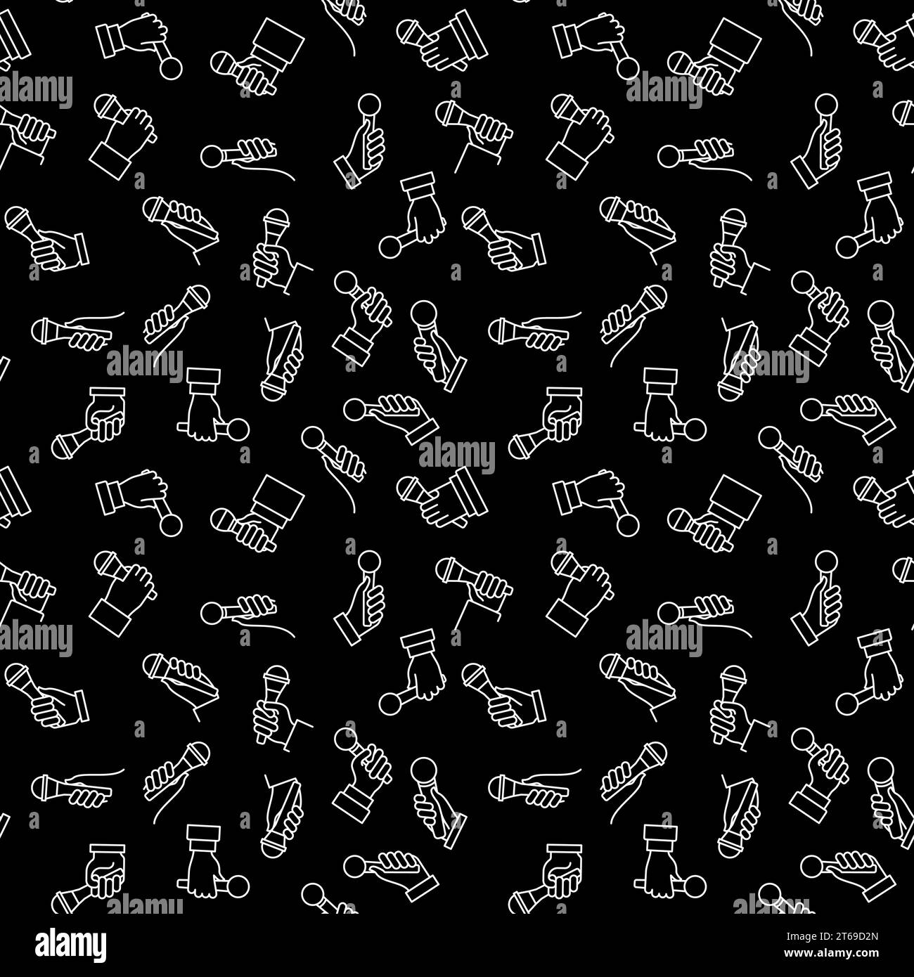 Hand holding Microphone vector dark seamless pattern in outline style Stock Vector