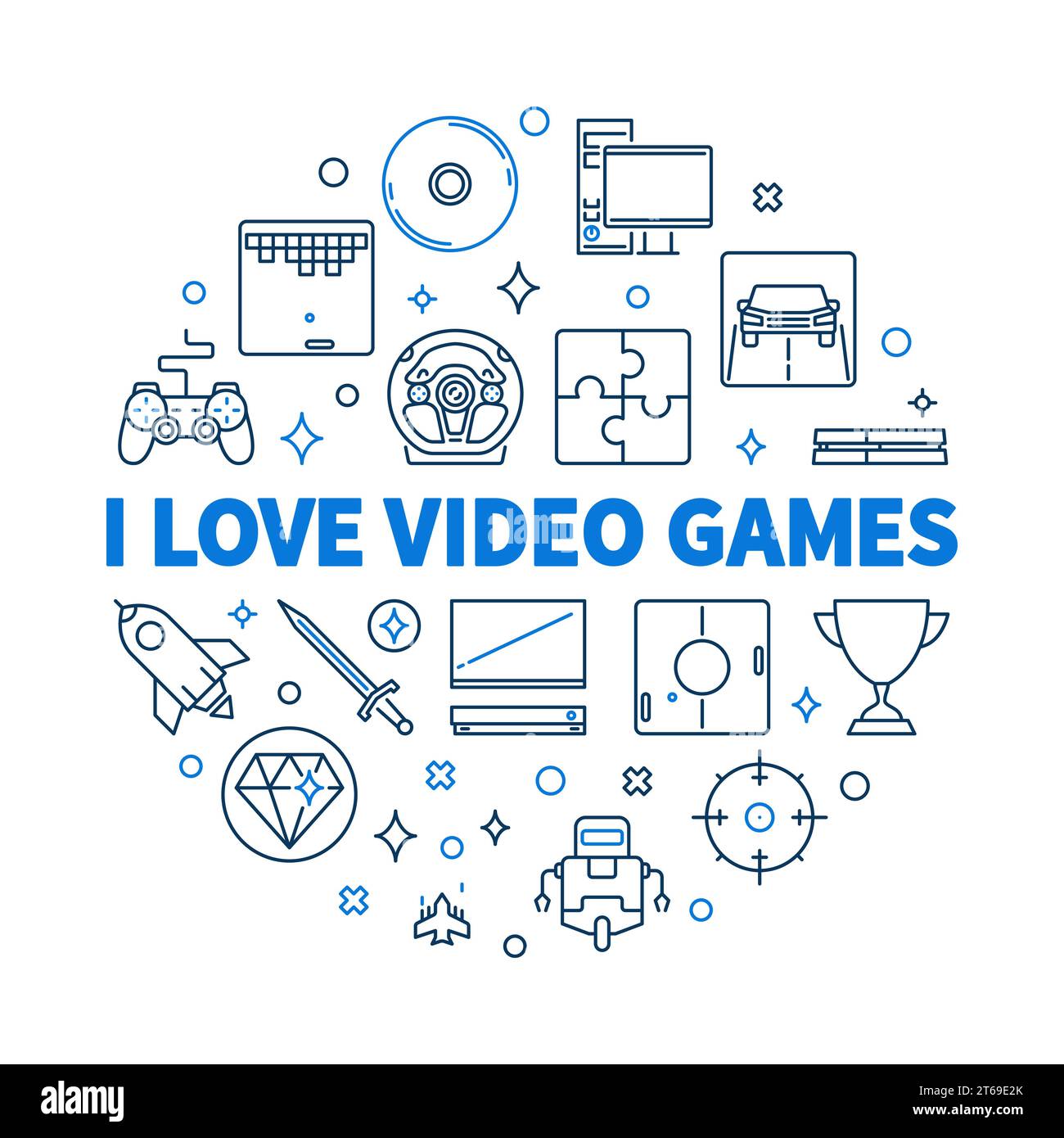 I Love Video Games vector round concept linear illustration Stock Vector