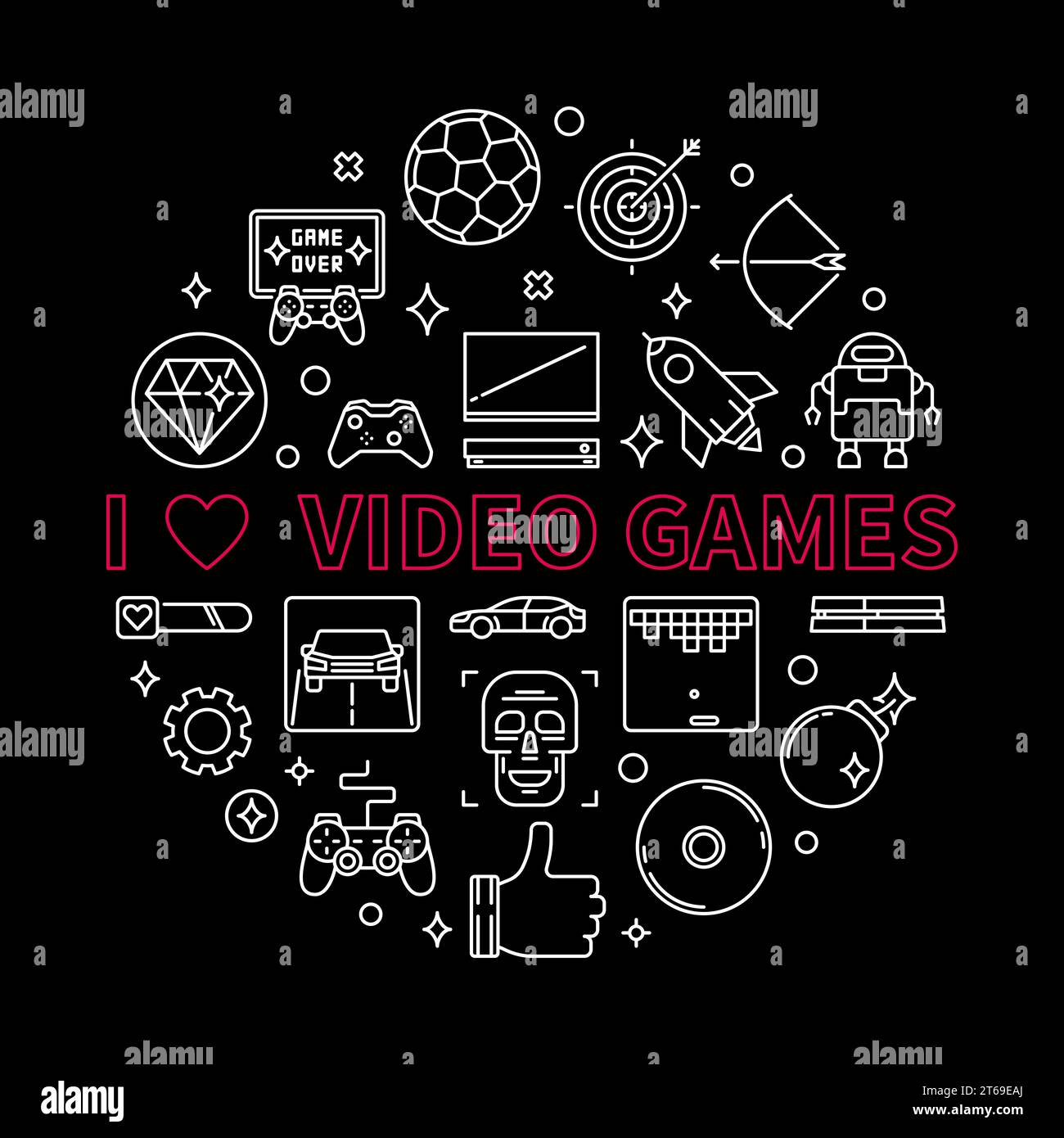 Vector I Love Video Games concept round outline illustration on dark background Stock Vector