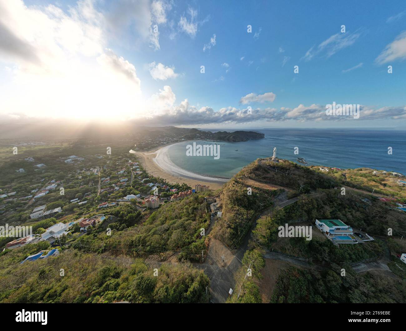 Wide panorama of San Juan Del Sur bay in Nicaragua on sunrise  time Stock Photo