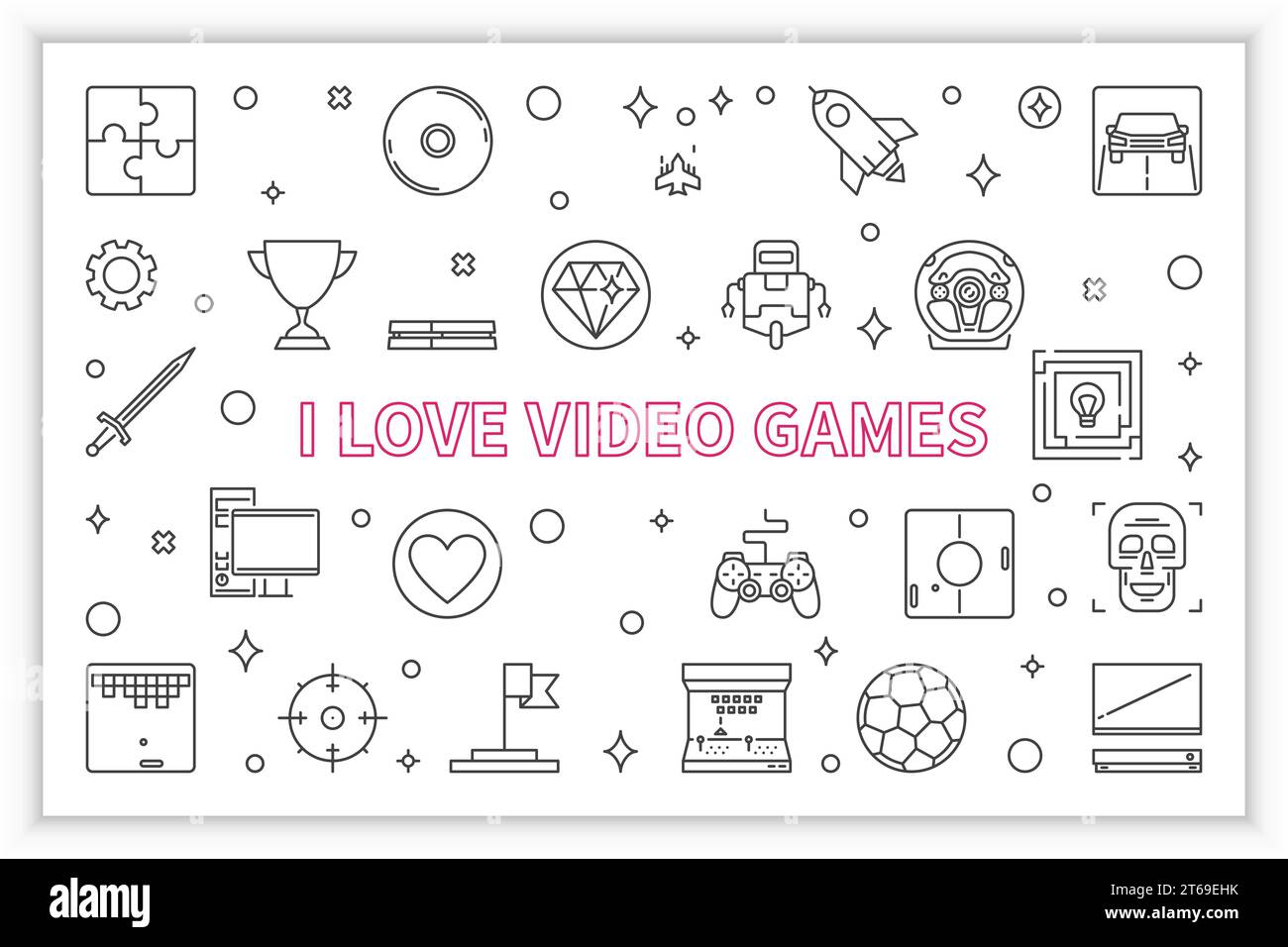 I Love Video Games vector concept outline horizontal illustration on white background Stock Vector