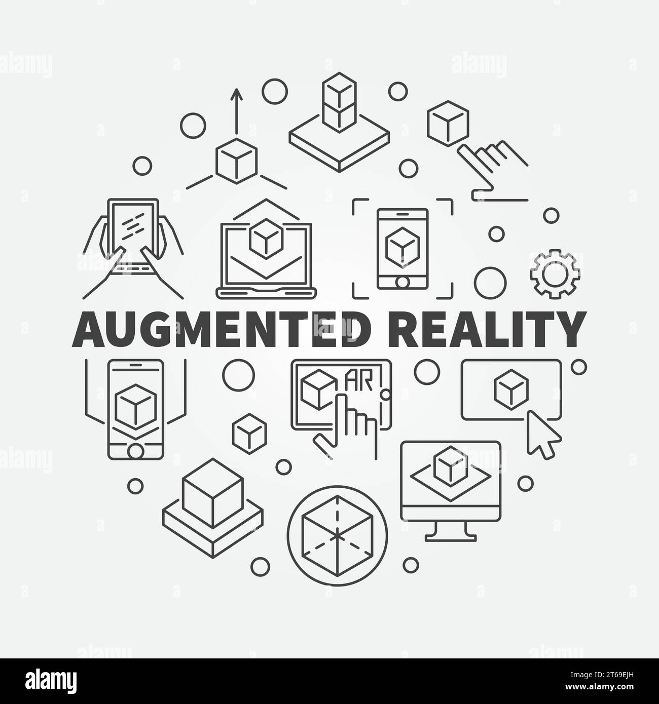 Augmented reality vector circular concept illustration. AR thin line icons in circle shape Stock Vector