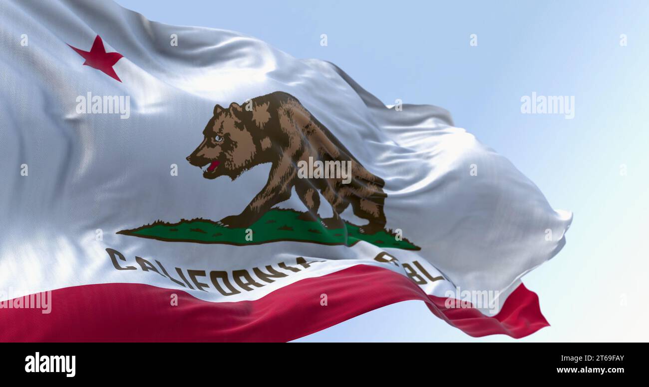 Close-up of California State flag waving in the wind on a clear day. California flag is also the Bear Flag. 3d illustration render. Rippled Fabric. Stock Photo