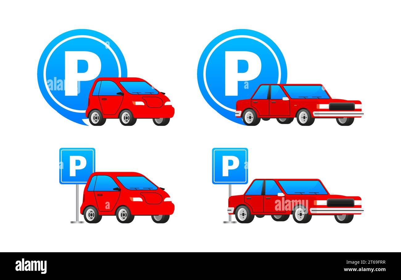 Red Hatchback and Sedan with Blue Parking Signage. Parking Zone Icons with Cars. Vector illustration Stock Vector