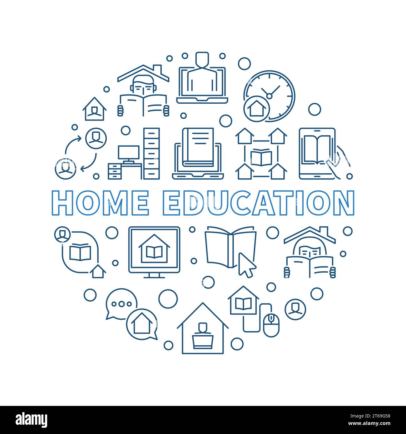 Home Education vector concept blue round illustration in thin line ...