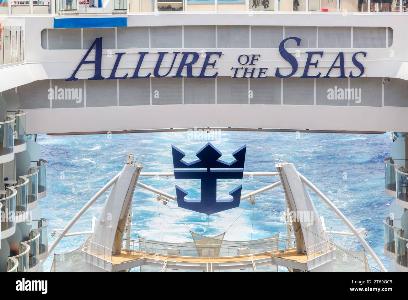 Cruise line logo and ship name at the stern of the Royal Caribbean