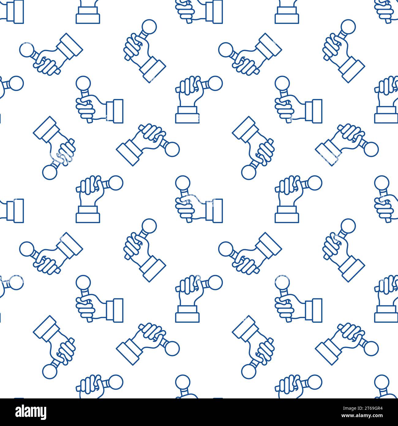 Seamless Pattern with Mic in Hand vector blue linear icons Stock Vector