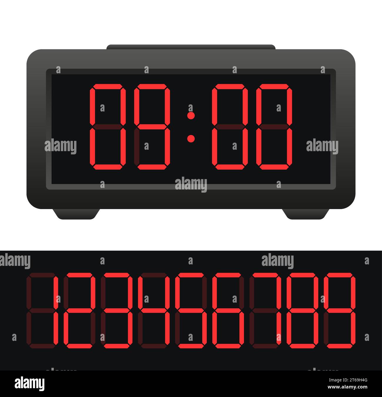 Digital LED Alarm Clock Display Showing Midnight Time in Red Digits. Vector stock illustration