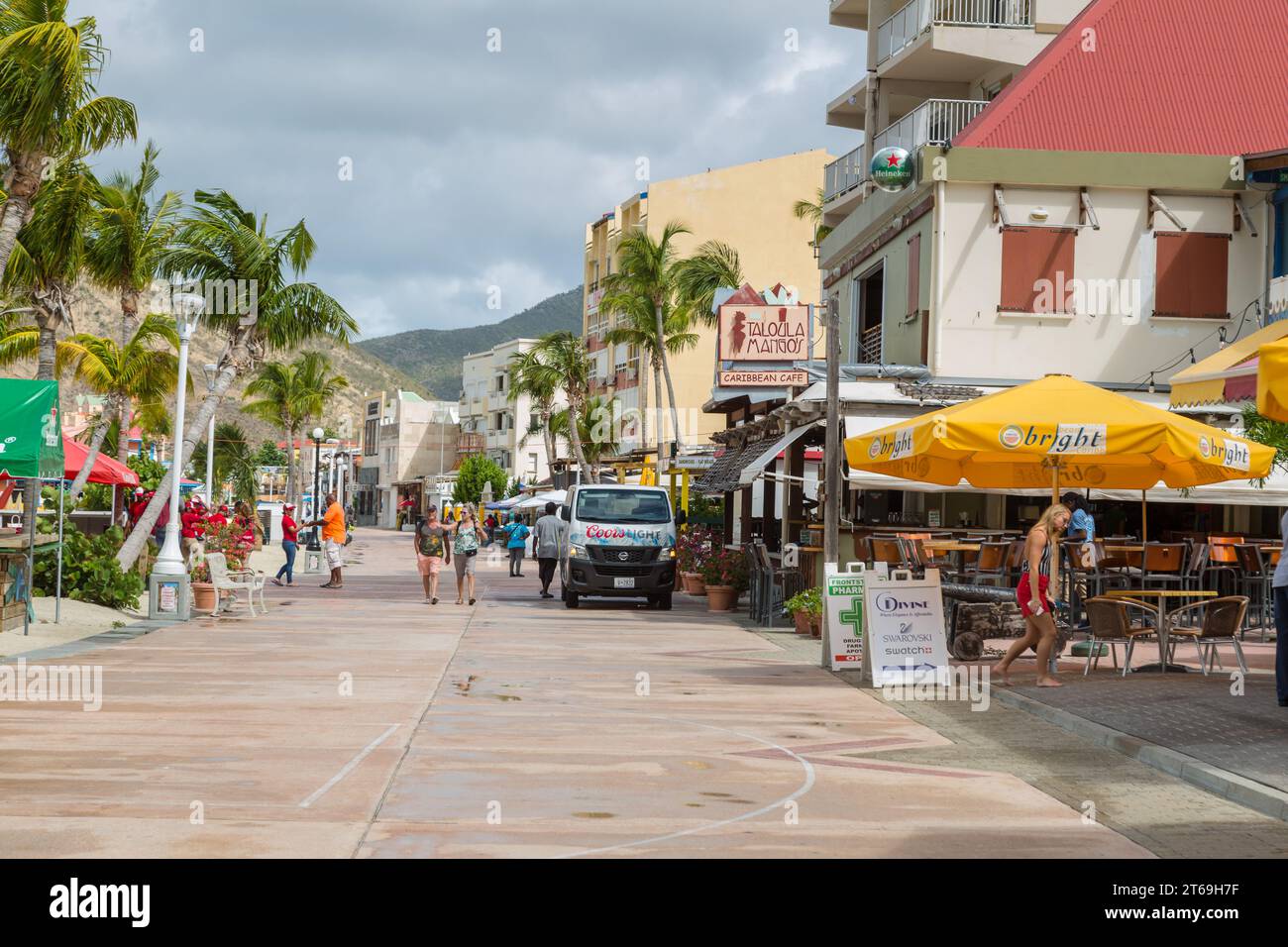 Tourists walking along Boardwak at the port of Phillipsburg, St. Maarten in the Caribbean Stock Photo