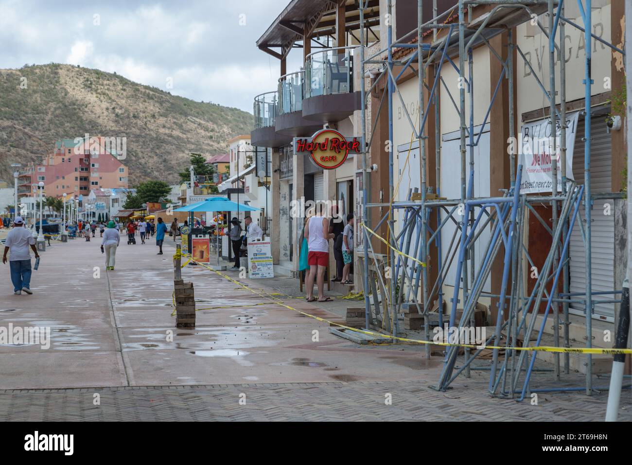 Tourists entering the Hard Rock Cafe along Boardwak at the port of Phillipsburg, St. Maarten in the Caribbean Stock Photo