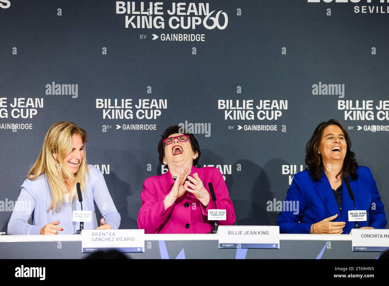 Sevilla, Spain, 9th November 2023. Arantxa Sanchez Vicario, Billie Jean King and Conchita Martinez talk during a press conference at the Billie Jean King Cup Finals in Sevilla. Photo credit: Frank Molter Stock Photo