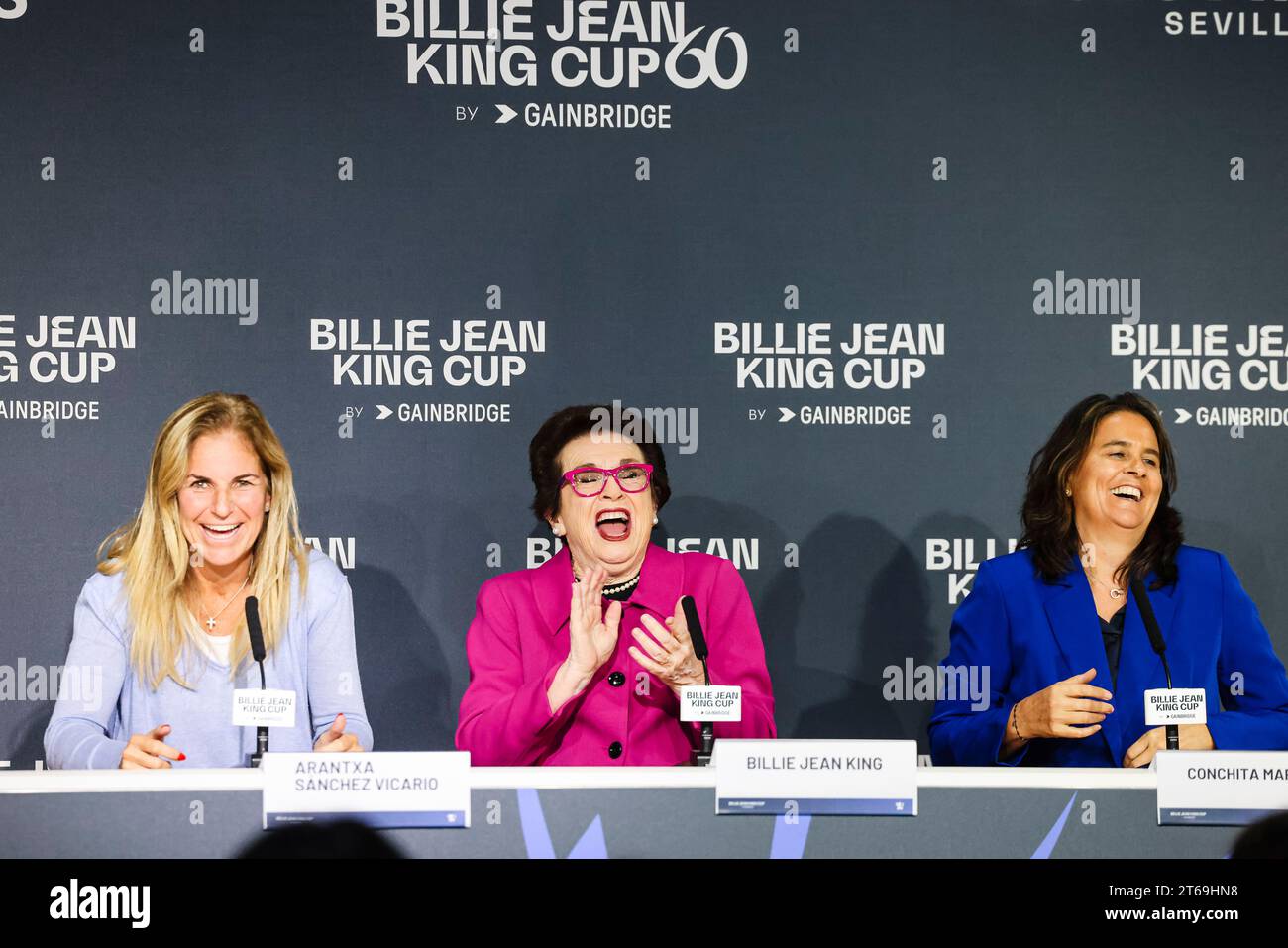 Sevilla, Spain, 9th November 2023. Arantxa Sanchez Vicario, Billie Jean King and Conchita Martinez talk during a press conference at the Billie Jean King Cup Finals in Sevilla. Photo credit: Frank Molter Stock Photo