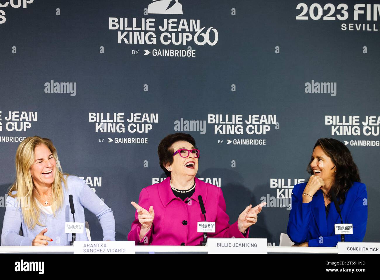 Sevilla, Spain, 9th November 2023. Arantxa Sanchez Vicario, Billie Jean King and Conchita Martinez talk during a press conference at the Billie Jean King Cup Finals in Sevilla. Photo credit: Frank Molter Stock Photo