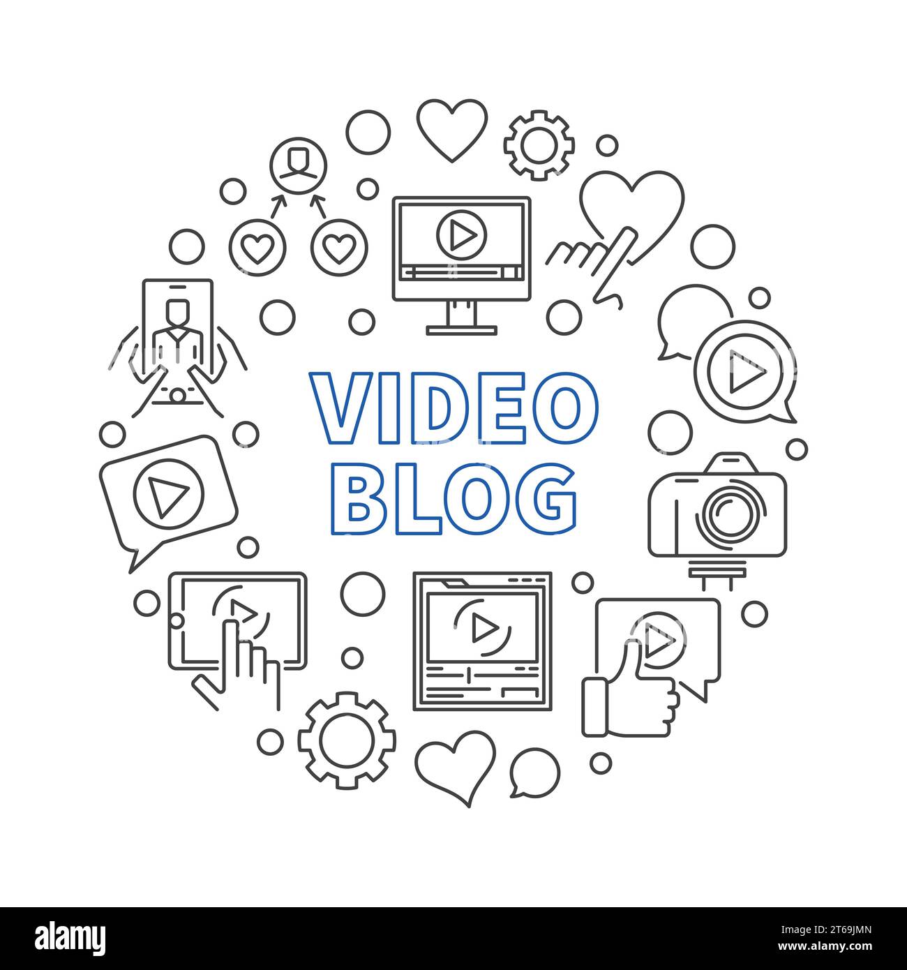 Video Blog vector round concept illustration in thin line style Stock Vector