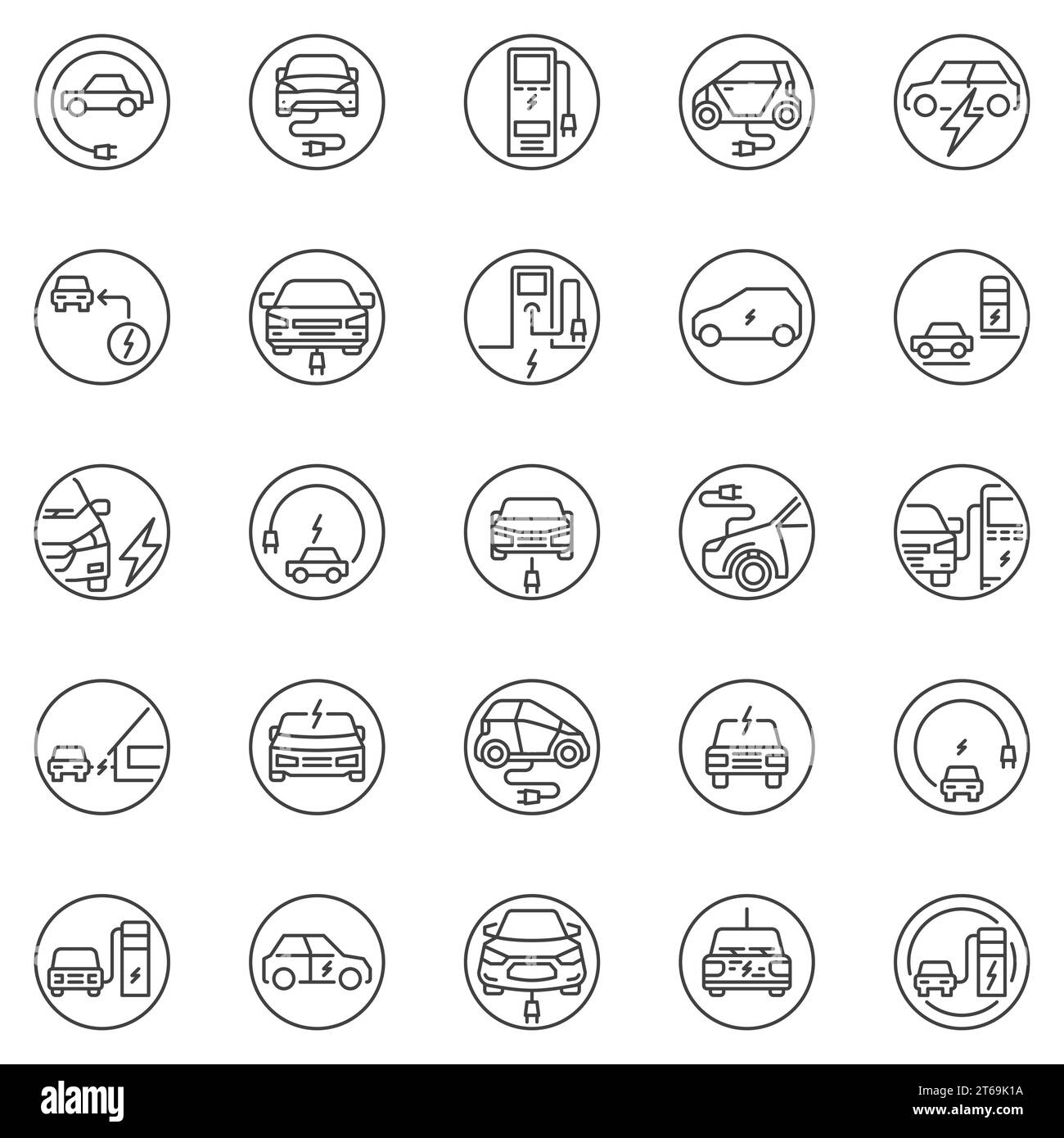Electric Car or EV outline round icons set. Vector Electric Vehicle